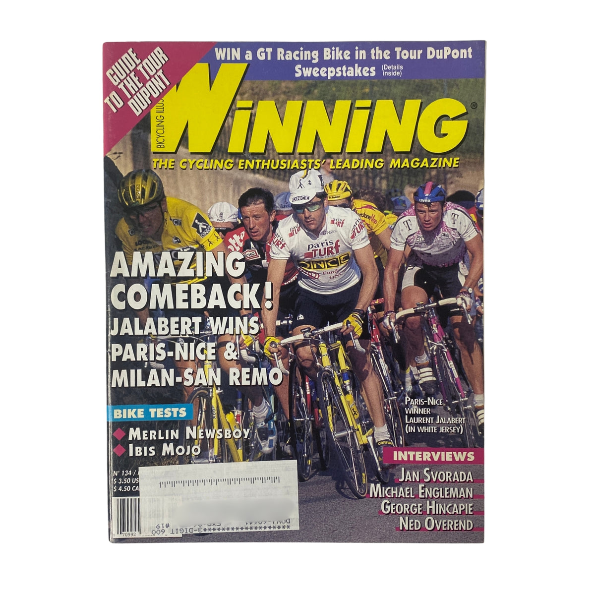 Cover of Winning Bicycle Racing Illustrated, May 1995, No. 134 featuring cyclists in a race, highlighting Laurent Jalabert's comeback victory.