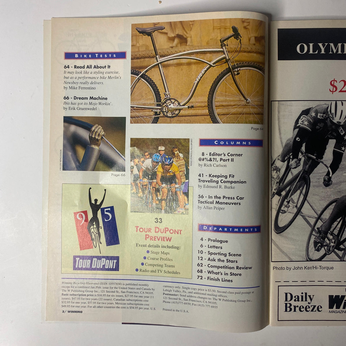 Page from Winning Bicycle Racing Illustrated May 1995 No. 134 featuring bike tests and columns including 'Read All About It' and 'Editor's Corner', important for collectors of cycling history.