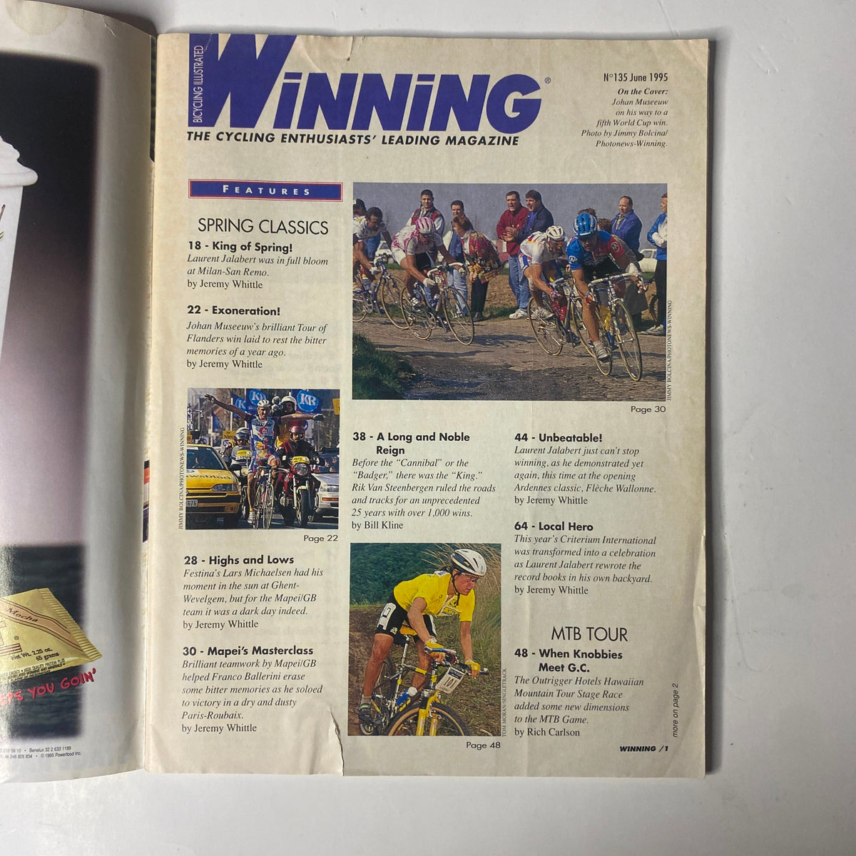 Inside page of Winning Bicycle Racing Illustrated June 1995, No. 135, highlighting featured articles including spring classics and bicycle racing events.