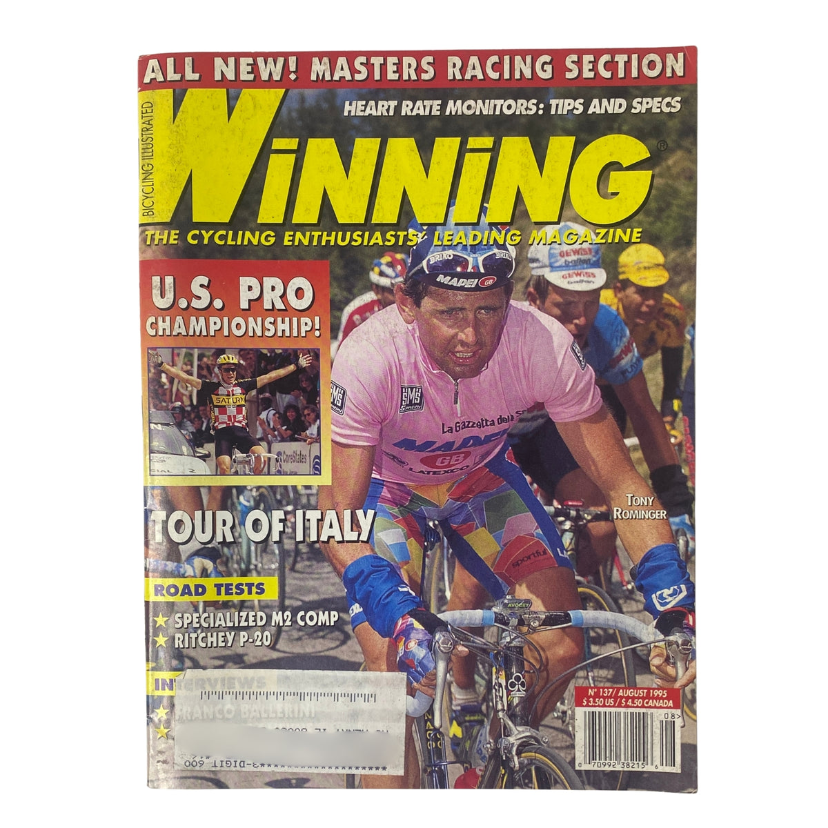 Cover of Winning Bicycle Racing Illustrated, August 1995, No. 137 featuring Tony Rominger during the Giro d'Italia, showcasing cycling enthusiasm and race highlights.