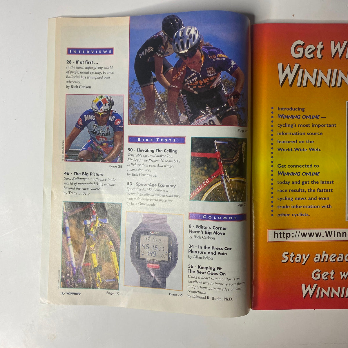 Inside spread of Winning Bicycle Racing Illustrated, August 1995, No. 137, highlighting interviews and bike tests, featuring prominent figures in cycling.