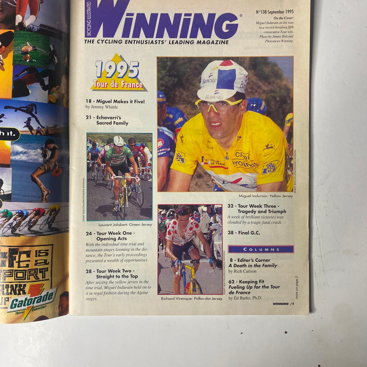 Inside page of Winning Bicycle Racing Illustrated, September 1995, No. 138 displaying Miguel Indurain in the yellow jersey, with coverage on the 1995 Tour de France and features on professional cycling.