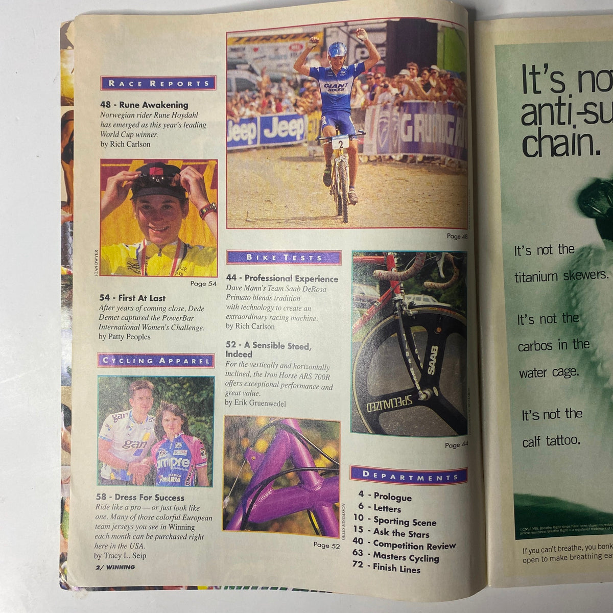 Inside content page from Winning Bicycle Racing Illustrated, September 1995, No. 138 featuring race reports, bike tests, cycling apparel, and departments, highlighting various articles related to cycling.