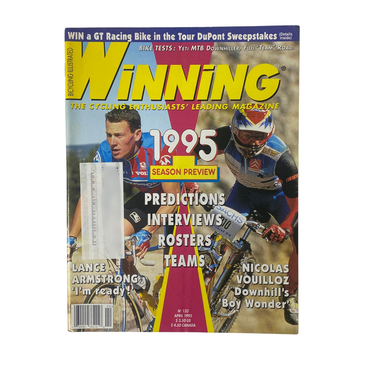 Cover of Winning Bicycle Racing Illustrated, April 1995, No. 133 featuring Lance Armstrong and Nicolas Vouilloz, highlighting the 1995 cycling season preview with predictions and team rosters.