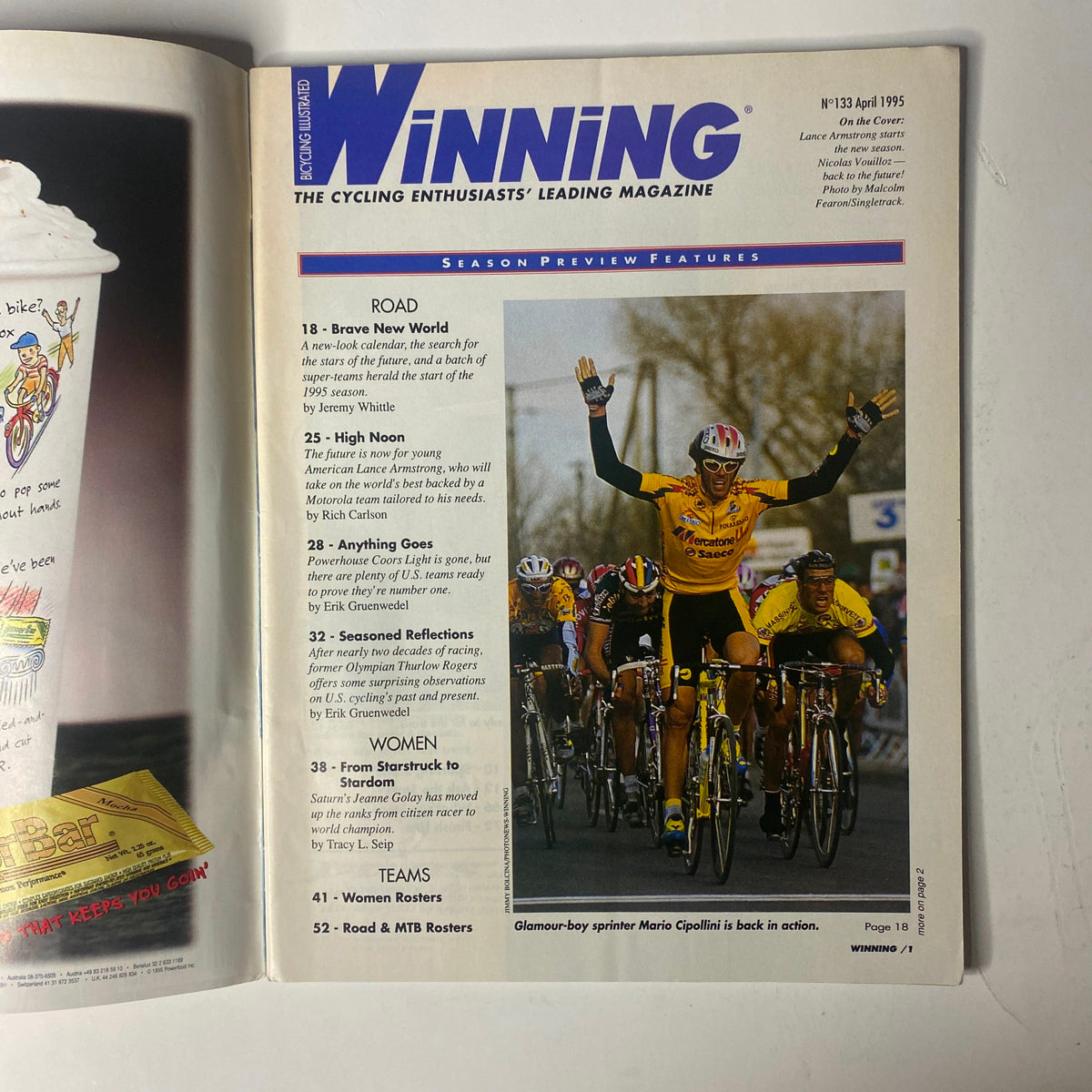 Interior page of Winning Bicycle Racing Illustrated, April 1995, No. 133, showcasing articles about road cycling and the 1995 season, including the prominent feature on Lance Armstrong.