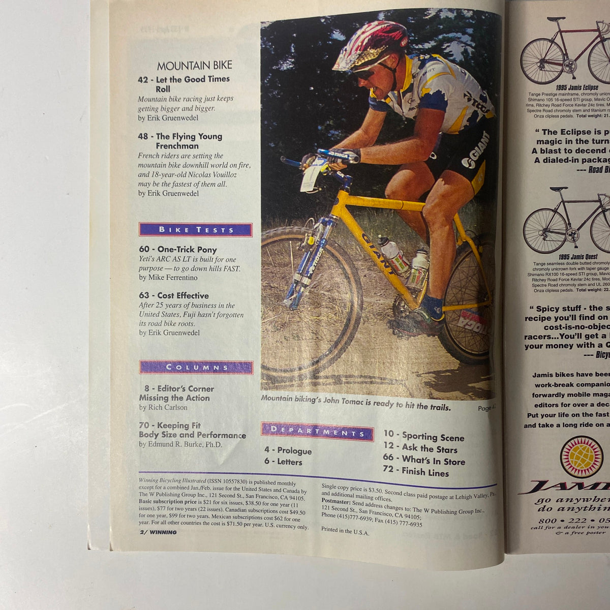 Action shot featuring a mountain biker on a yellow bike, highlighting the sport's growth in popularity, as seen in Winning Bicycle Racing Illustrated – April 1995, No. 133.