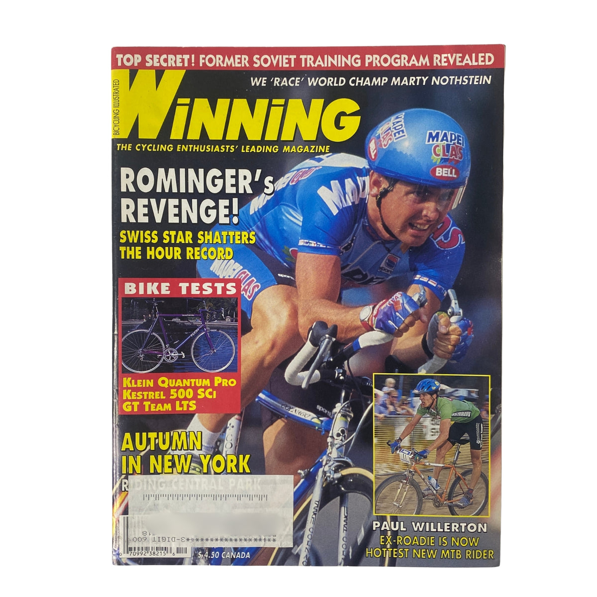 Cover of Winning Bicycle Racing Illustrated, December 1994, No. 130 featuring Tony Rominger and highlights including 'Romingers Revenge' and 'Autumn in New York'.