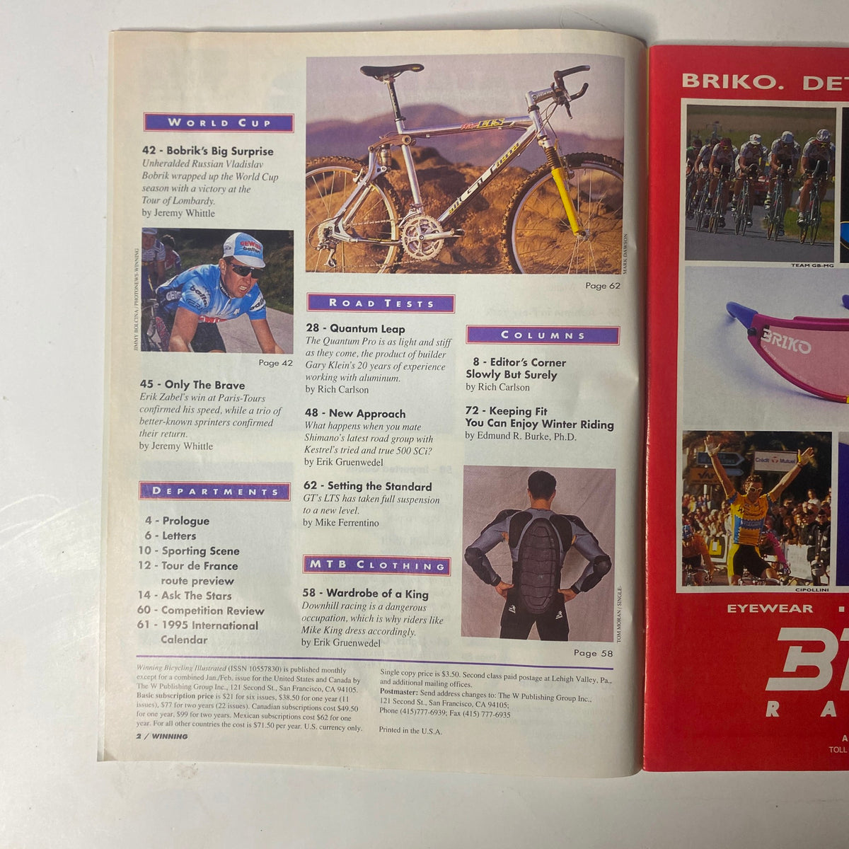 Inside page of Winning Bicycle Racing Illustrated, December 1994, No. 130 detailing 'World Cup' and 'Department' sections with articles including 'Bobrik's Big Surprise' and 'Keeping Fit'.