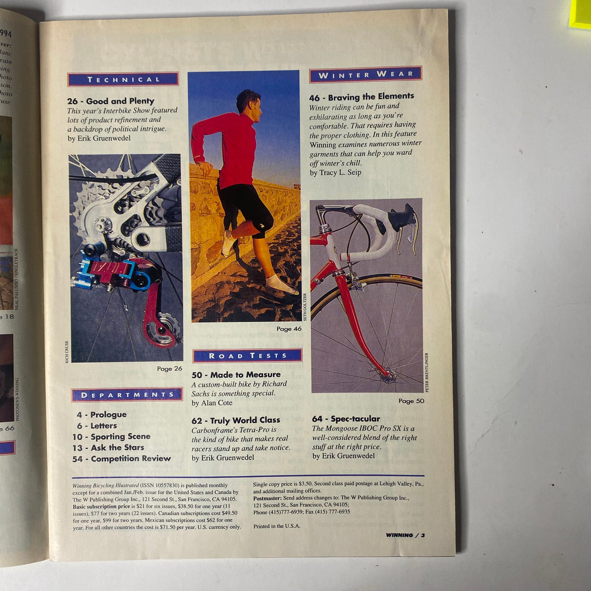 Page from Winning Bicycle Racing Illustrated November 1994, No. 129 showcasing technical articles, winter wear, road tests, and features about cycling gear and athlete performances.