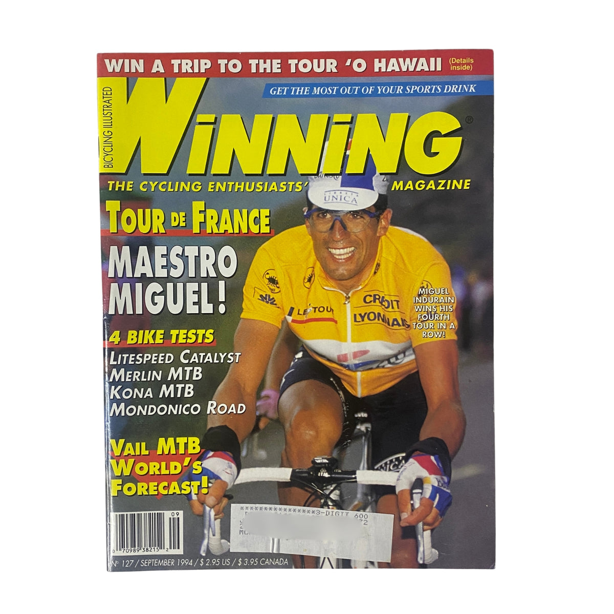 Cover of Winning Bicycle Racing Illustrated September 1994 No. 127 featuring Miguel Indurain in a yellow cycling jersey, highlighting his Tour de France victory with the caption 'Maestro Miguel!' and additional bike and magazine details.