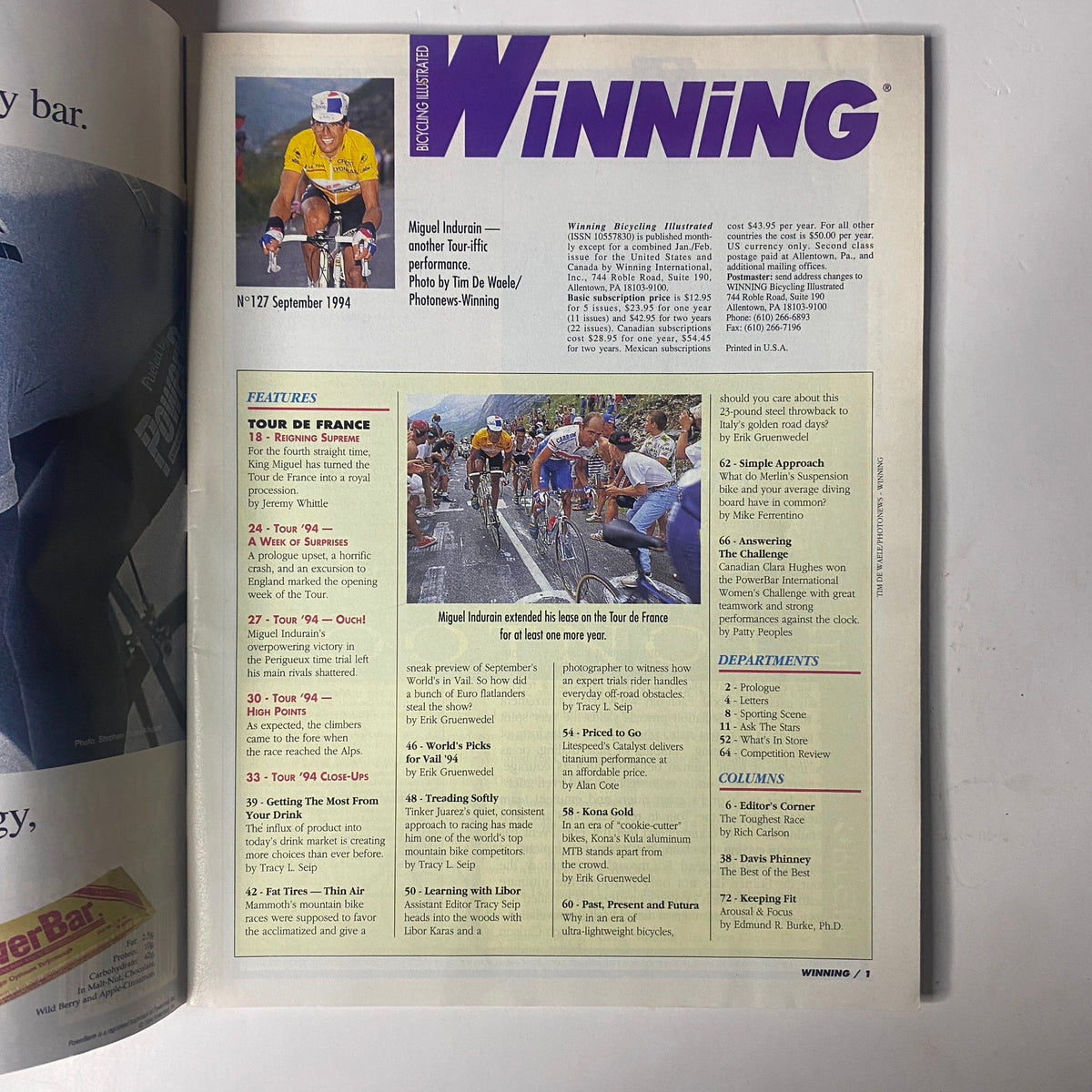 Inside page of Winning Bicycle Racing Illustrated September 1994 No. 127, showcasing Miguel Indurain with stage coverage from the Tour de France, editorial highlights, and magazine layout details.