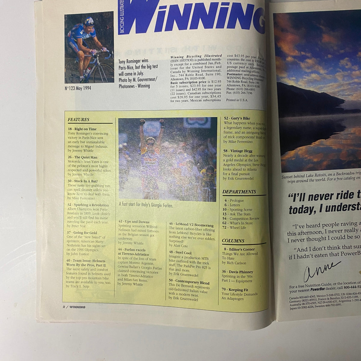 Interior page from Winning Bicycle Racing Illustrated May 1994, No. 123, displaying features on cycling, including articles on Tony Rominger's victory and other racing content.