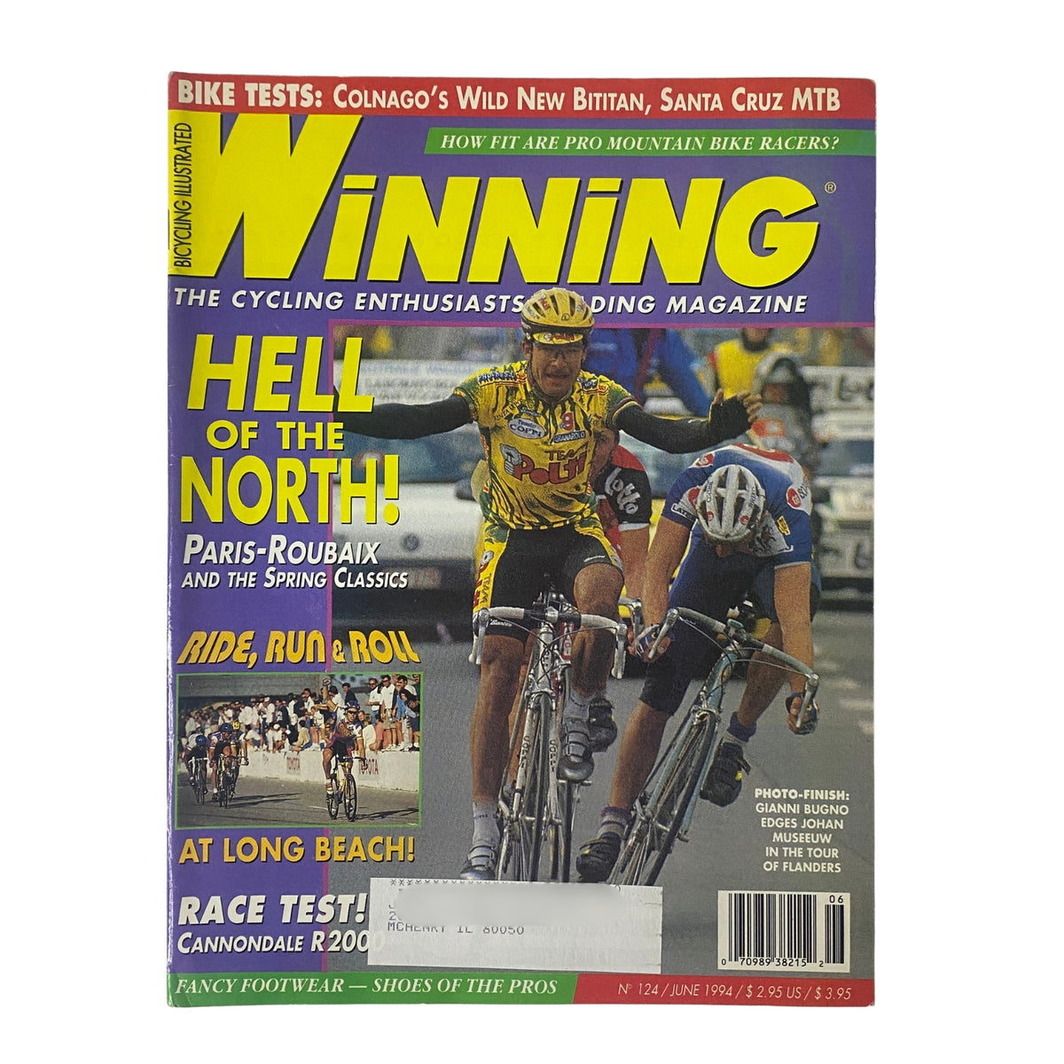 Cover of Winning Bicycle Racing Illustrated, June 1994, No. 124, featuring Gianni Bugno in action during a race, highlighting the magazine's focus on cycling, including coverage of Paris-Roubaix and spring classics.