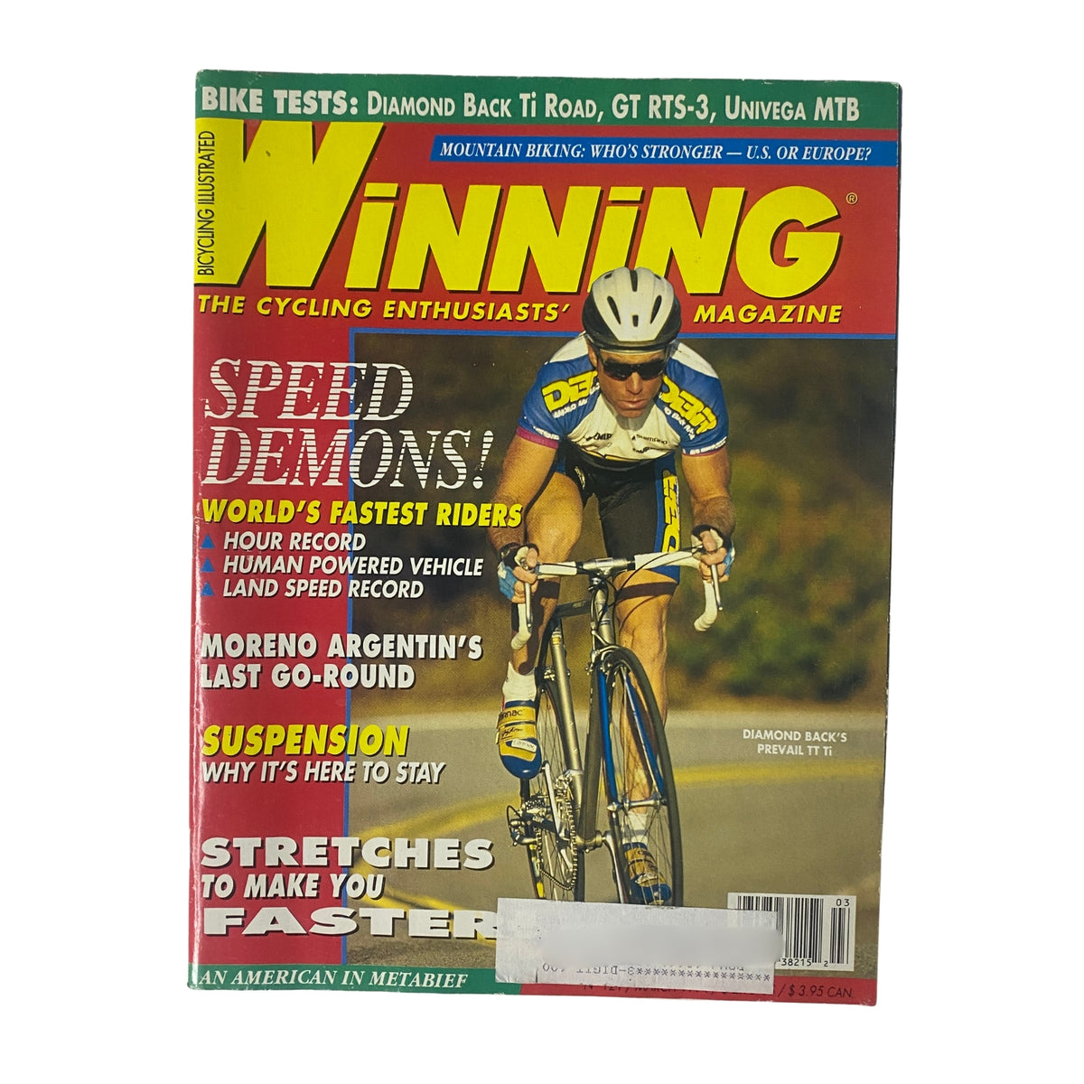 Cover of Winning Bicycle Racing Illustrated, March 1994, No. 121 featuring Erik Gruenwedel on a bicycle, highlighting articles on speed, innovation, and cycling technology.
