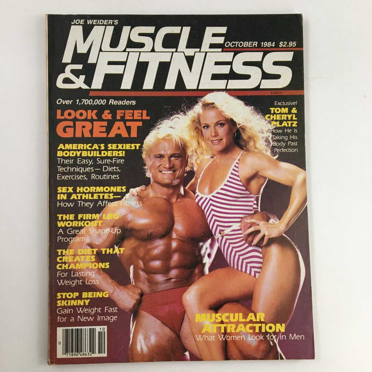Cover of Muscle & Fitness Magazine October 1984 featuring Tom and Cheryl Platz, showcasing bodybuilding culture with headlines on fitness and training regimens.