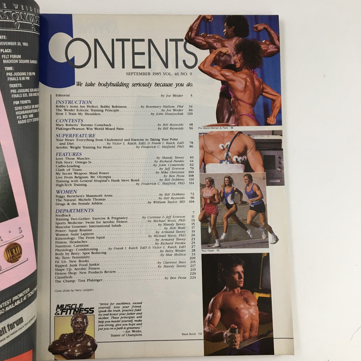 Contents page of Muscle & Fitness Magazine September 1985, highlighting articles and features on bodybuilding, fitness techniques, and health tips.