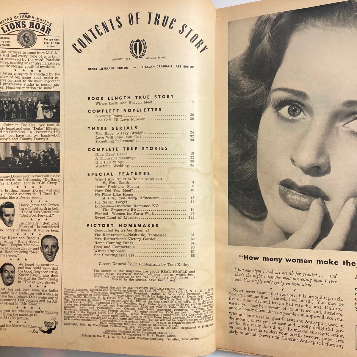 Inside page of VTG True Story Magazine August 1943, Vol 49 No. 1, displaying the contents including stories and articles from World War II era, emphasizing the edition's theme.