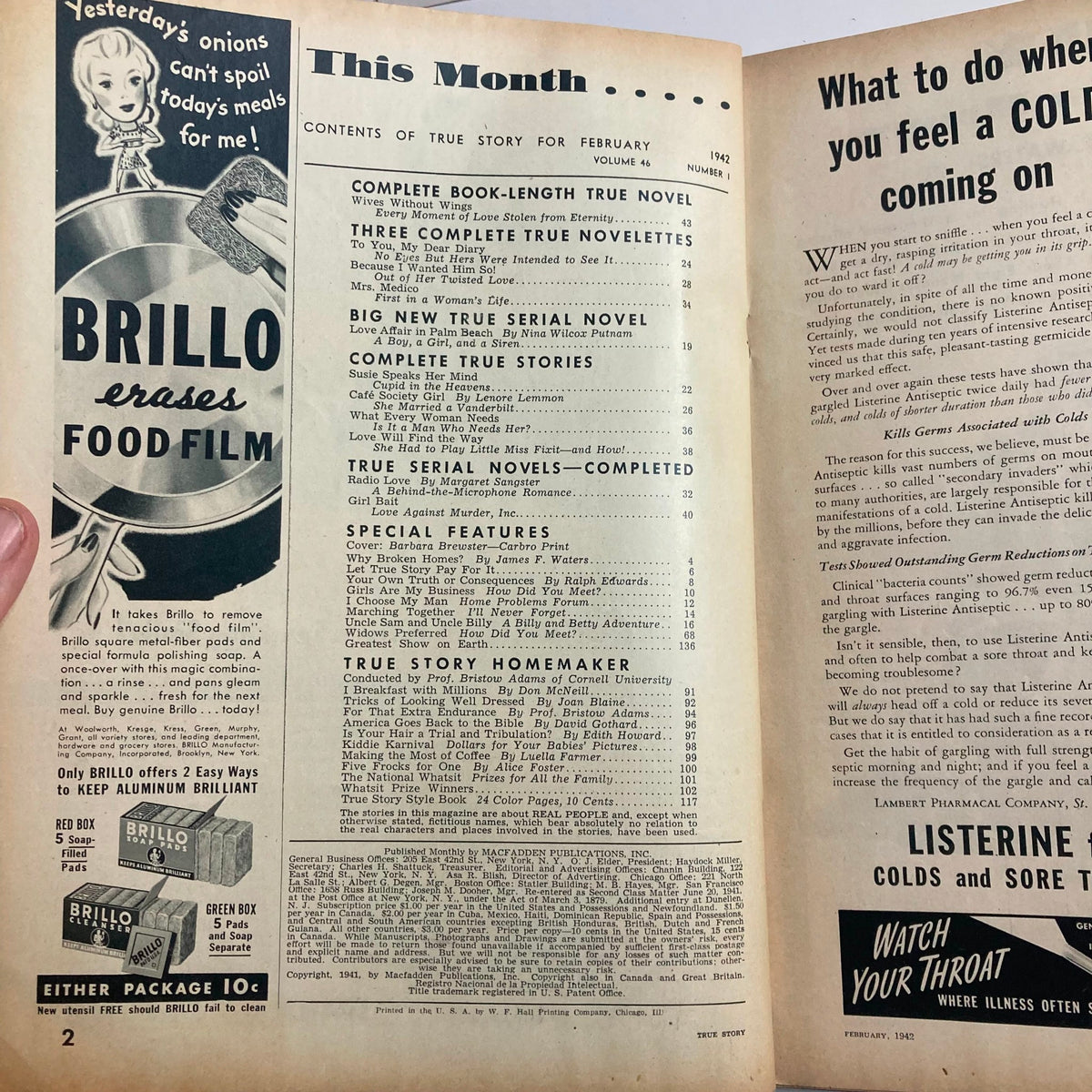 Interior view of VTG True Story Magazine February 1942, Volume 46, Number 1 showing contents and advertisements, highlighting feature stories including 'Wives Without Wings'.