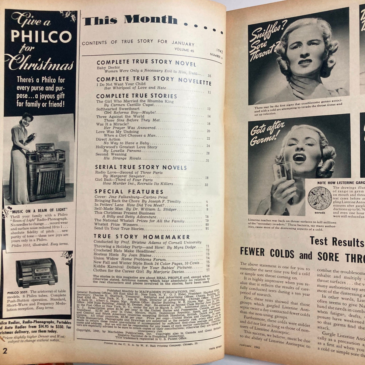 Inside page of VTG True Story Magazine January 1942, Volume 45, Number 6 showing the table of contents and advertisements, highlighting featured stories and novelty items.