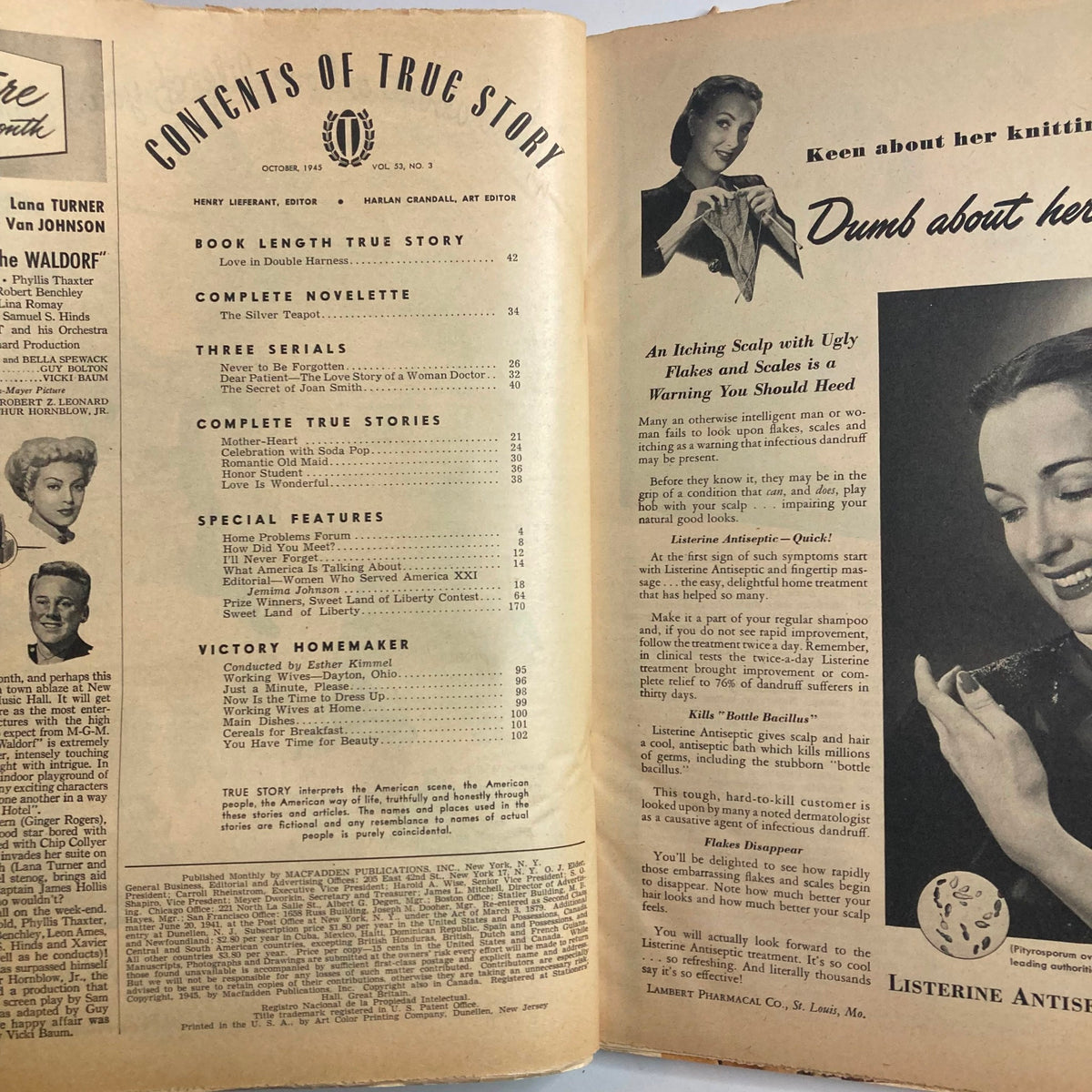 Interior page of VTG True Story Magazine October 1945 Vol 53 No 3 featuring the table of contents including 'Love in Double Harness', articles and complete stories from the era.