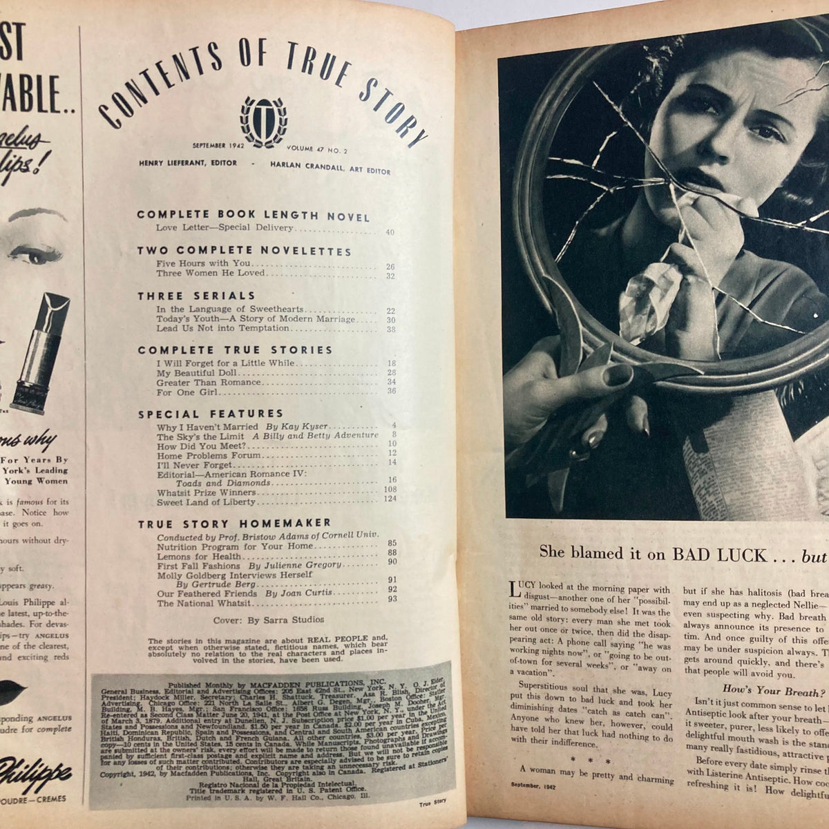 Contents page of VTG True Story Magazine September 1942 Vol 47 No. 2 detailing the articles including the book-length novel 'Love Letter - Special Delivery'.