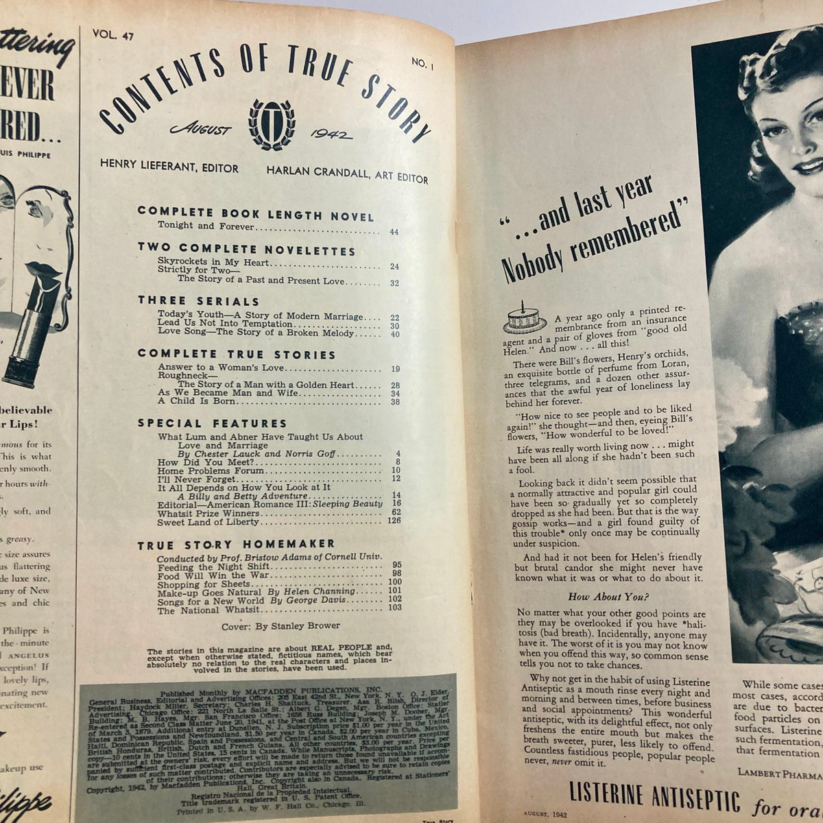 Contents page of VTG True Story Magazine August 1942 Vol 47 No. 1, listing featured stories and articles including love stories and parenting advice.