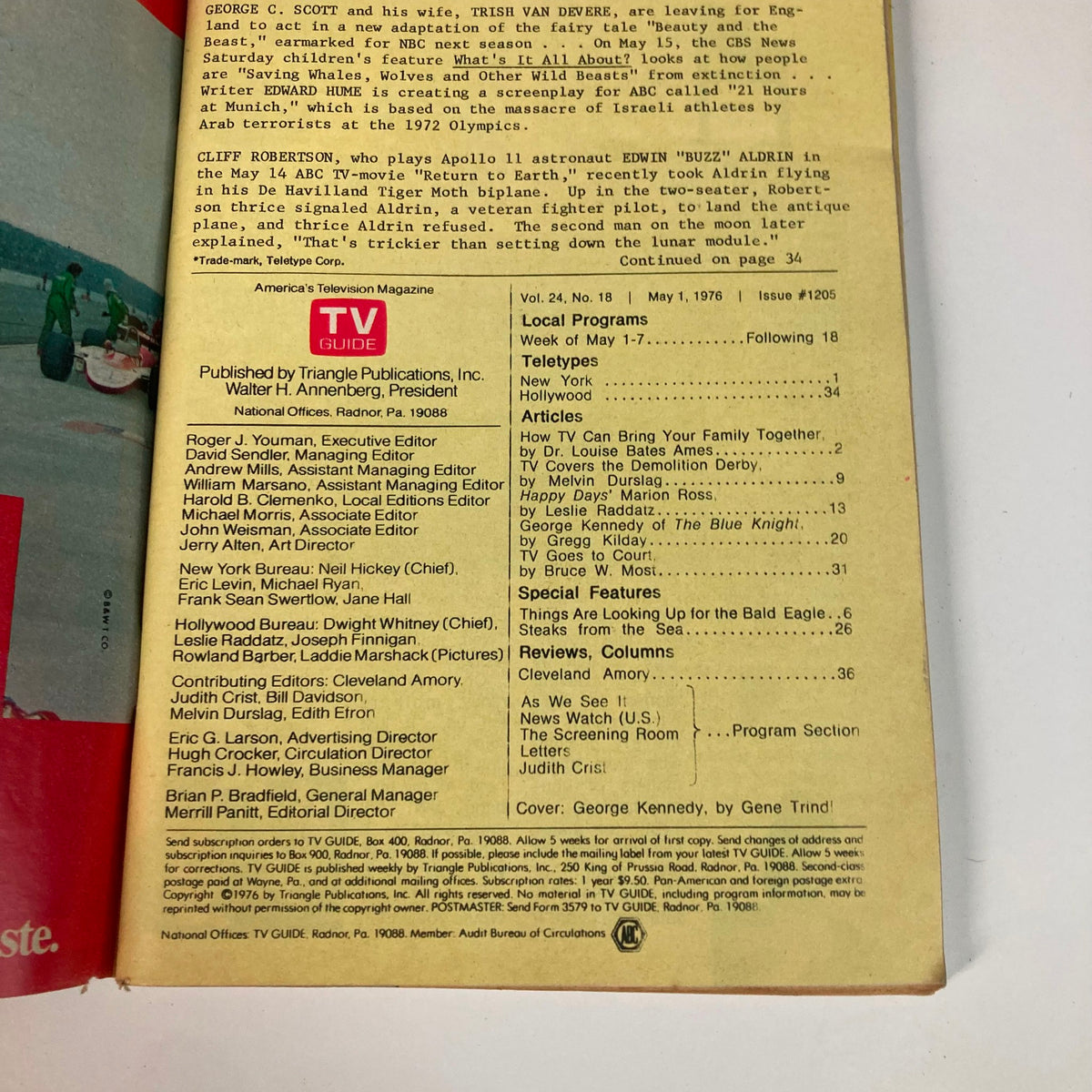 Back cover of 'TV Guide Magazine' from May 1, 1976, issue #1205, showcasing programming details and content features including articles and listings. This page highlights George Kennedy's notable presence as the cover star.