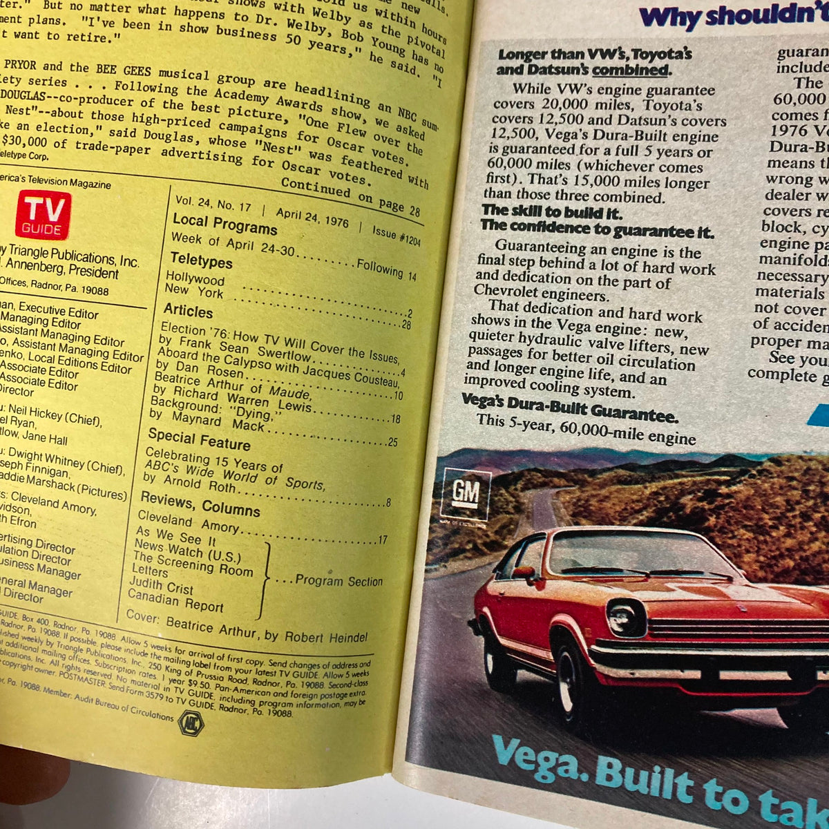 Page from TV Guide Magazine April 24 1976 #1204 featuring articles, local programs, and special features including coverage of Beatrice Arthur from the series 'Maude.'