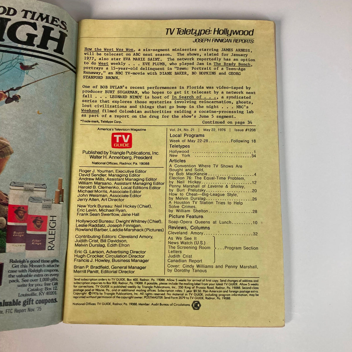 Back cover of TV Guide Magazine May 22 1976, highlighting articles and features, including TV Teletype: Hollywood and local program listings, with a nostalgic mid-1970s layout.