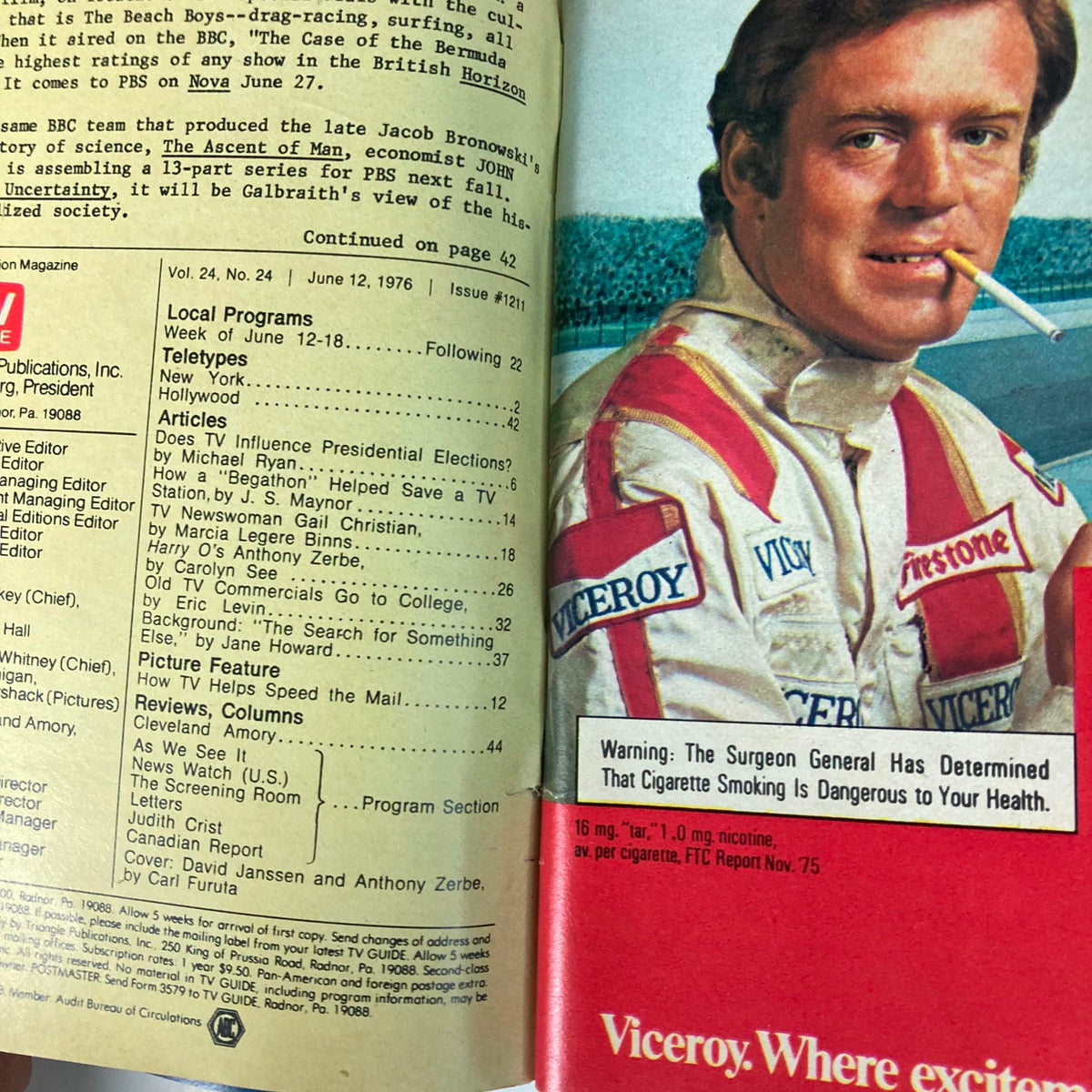 Inside view of TV Guide Magazine June 12 1976, page detailing articles and features including David Janssen and Anthony Zerbe, alongside an advertisement for Viceroy cigarettes.