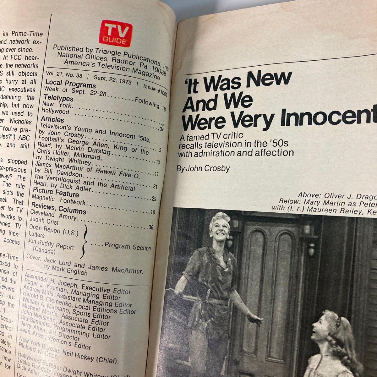 Interior page of TV Guide Magazine September 22, 1973, showcasing articles about television history and featuring Jack Lord and James MacArthur.