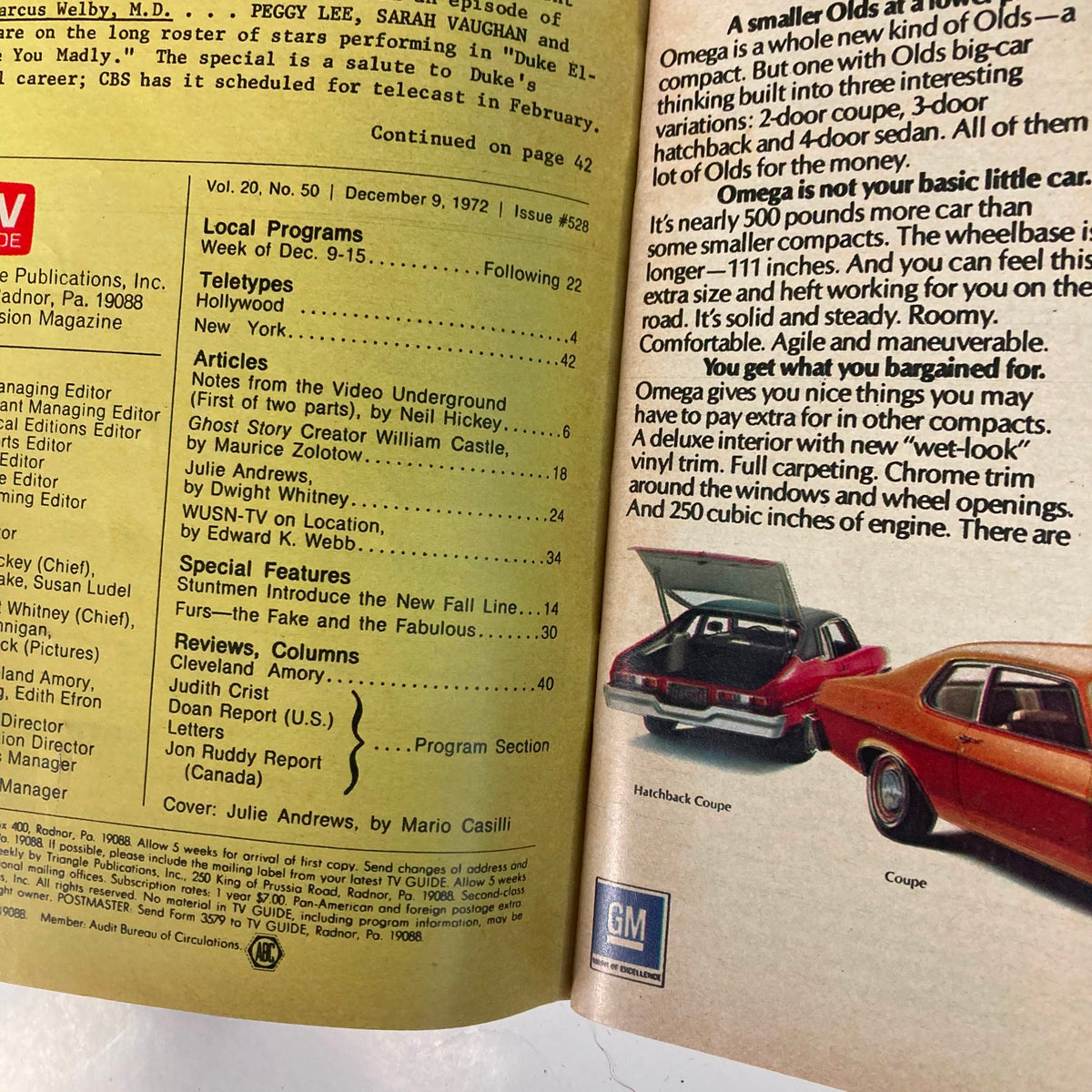 Inside page of TV Guide Magazine December 9, 1972, issue #528 featuring Julie Andrews. The page includes local program listings and articles related to television shows, along with a section discussing the features of the Omega car. The image captures the vintage aesthetic of the magazine.