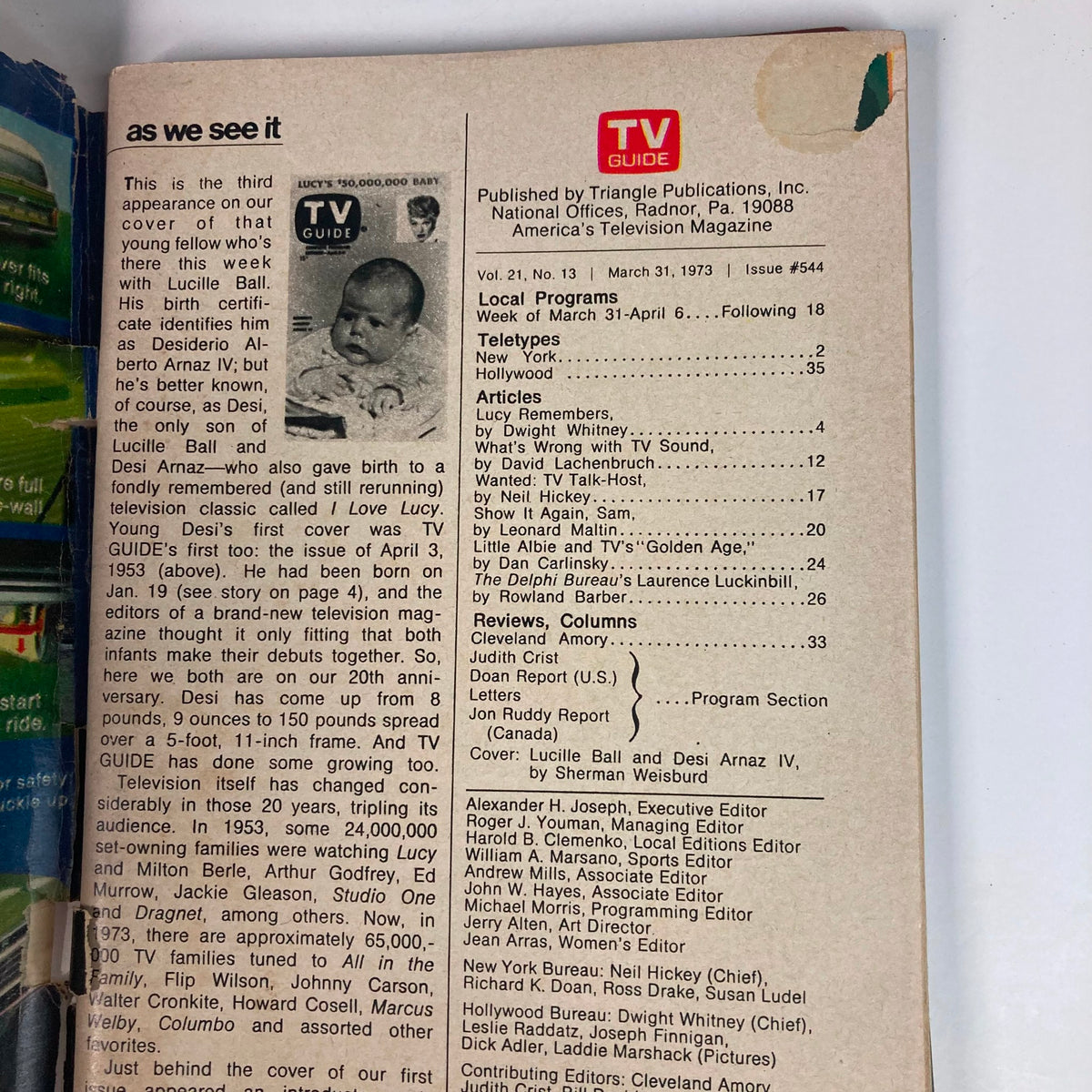 Interior page of the TV Guide Magazine March 31, 1973, issue number 544, displaying information about the magazine's content and articles, including mentions of Lucille Ball and Desi Arnaz IV.
