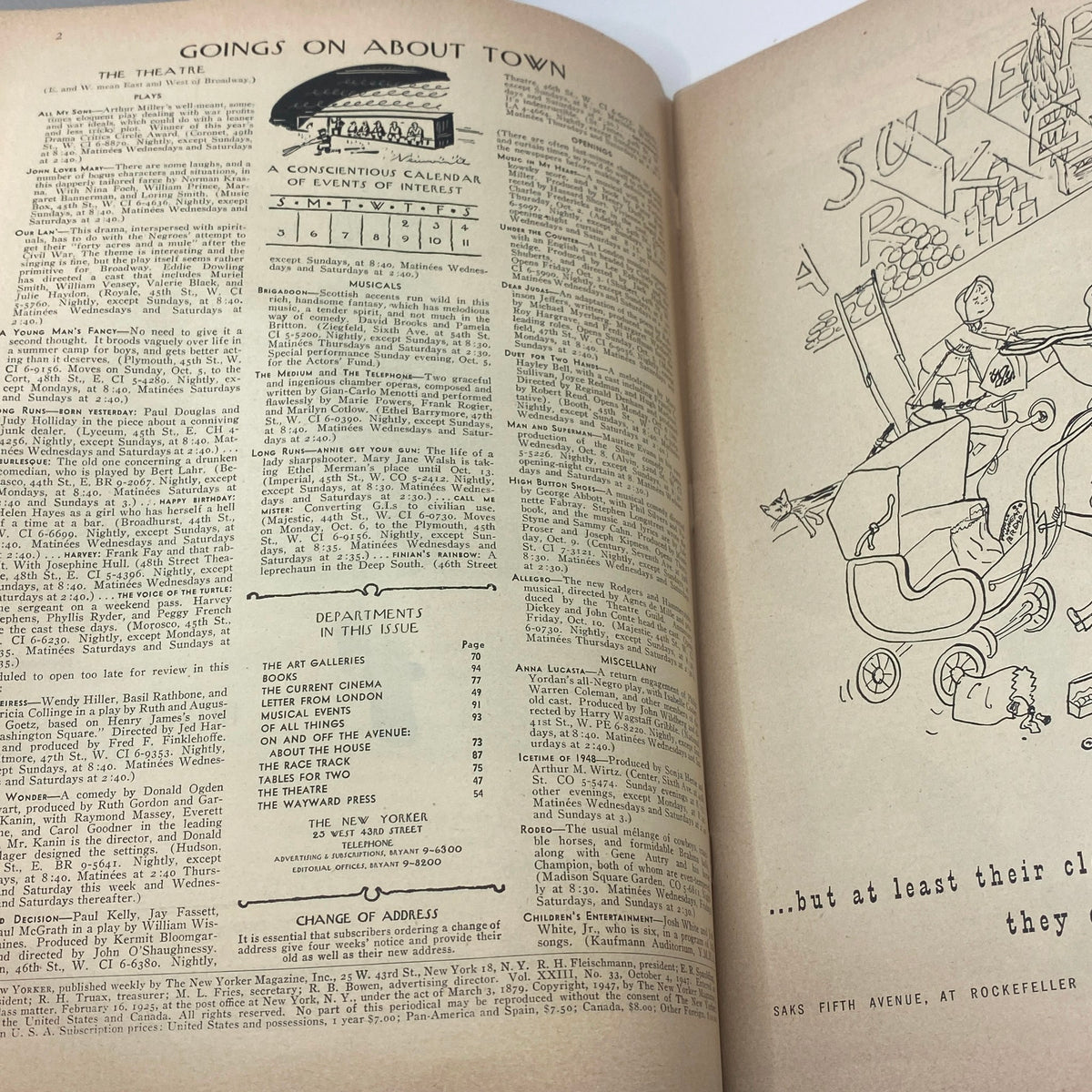 Interior page of The New Yorker magazine from October 4, 1947, featuring a column titled 'Goings On About Town' and listings of cultural events.