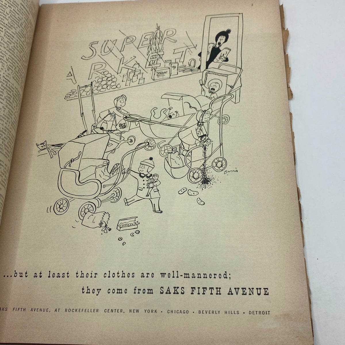 Cartoon illustration from The New Yorker magazine October 4, 1947, depicting a humorous scene in a supermarket, complete with prams and a playful atmosphere.