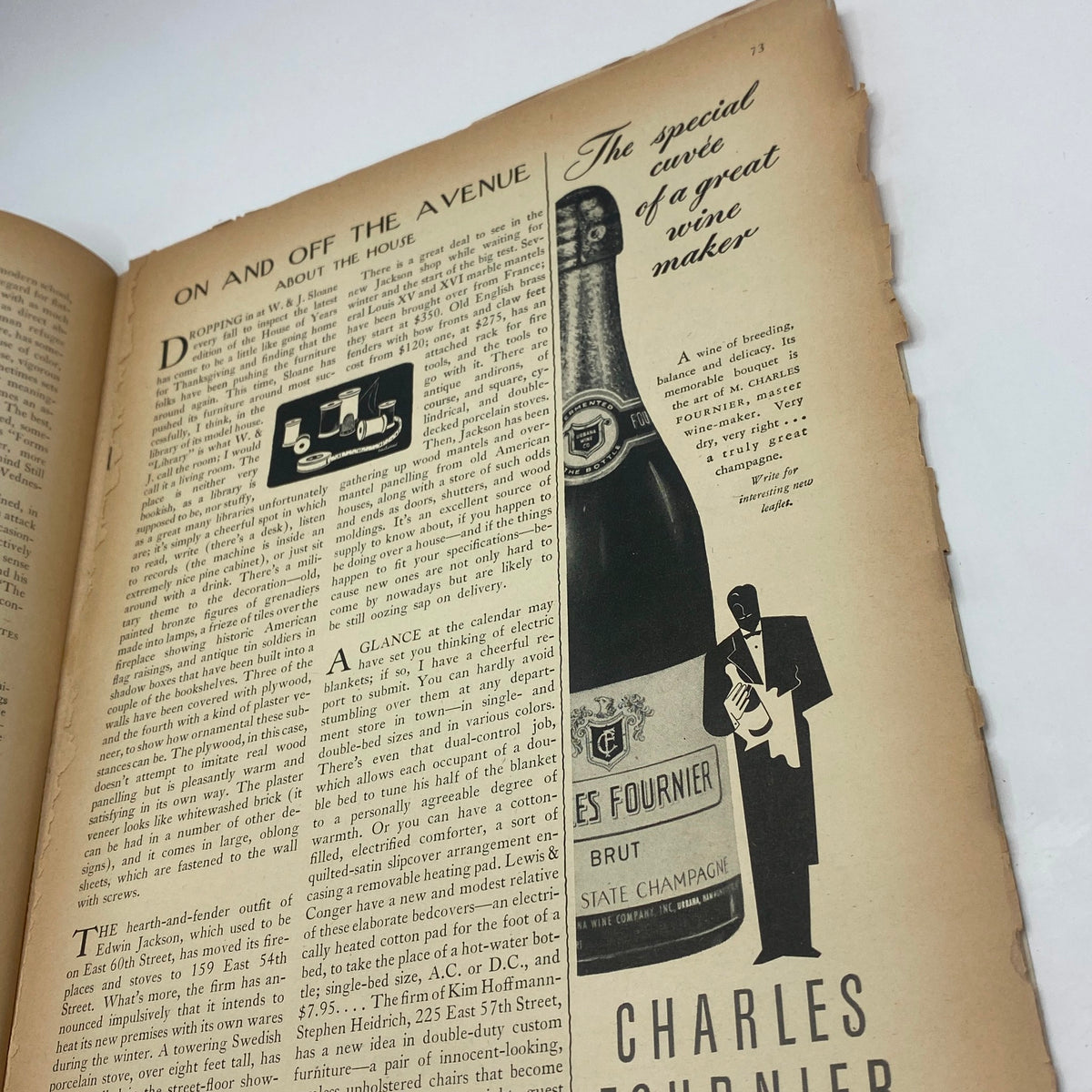 An article page from The New Yorker magazine dated October 4, 1947, featuring product placements and a drawing of a wine bottle, representing post-war consumer culture.