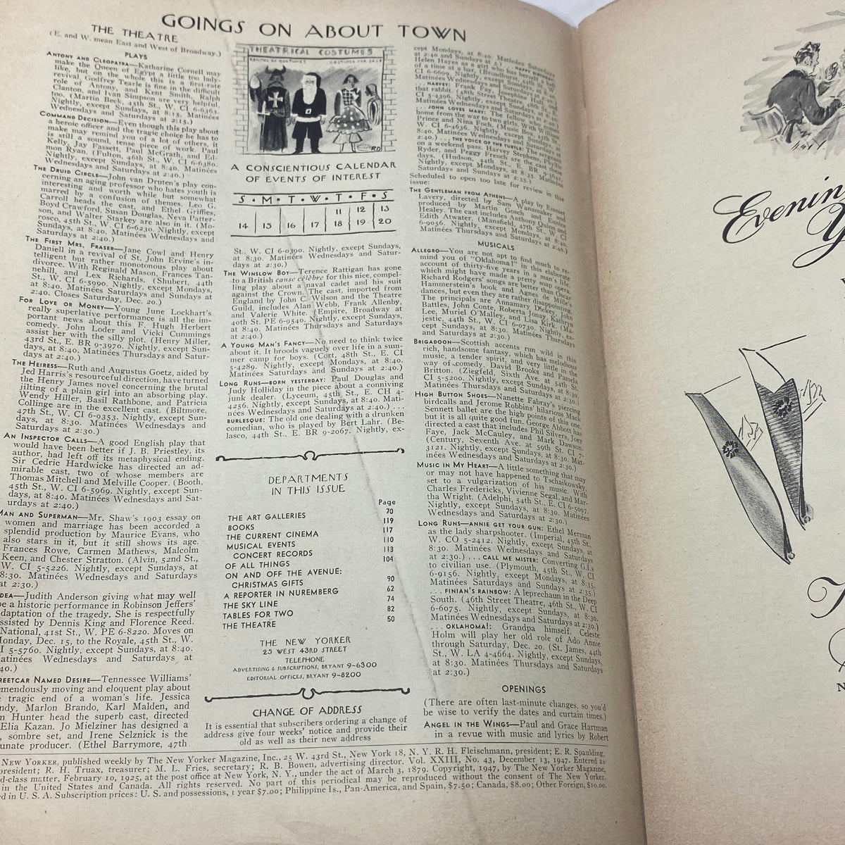 Inside page of The New Yorker magazine from December 13, 1947, featuring the 'Goings On About Town' section with upcoming events and advertisements.