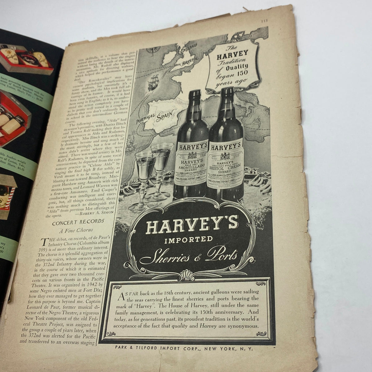 Inside page of The New Yorker magazine from December 13, 1947, displaying an advertisement for Harvey's Imported Sherries & Ports, featuring bottles and elegant glasses.