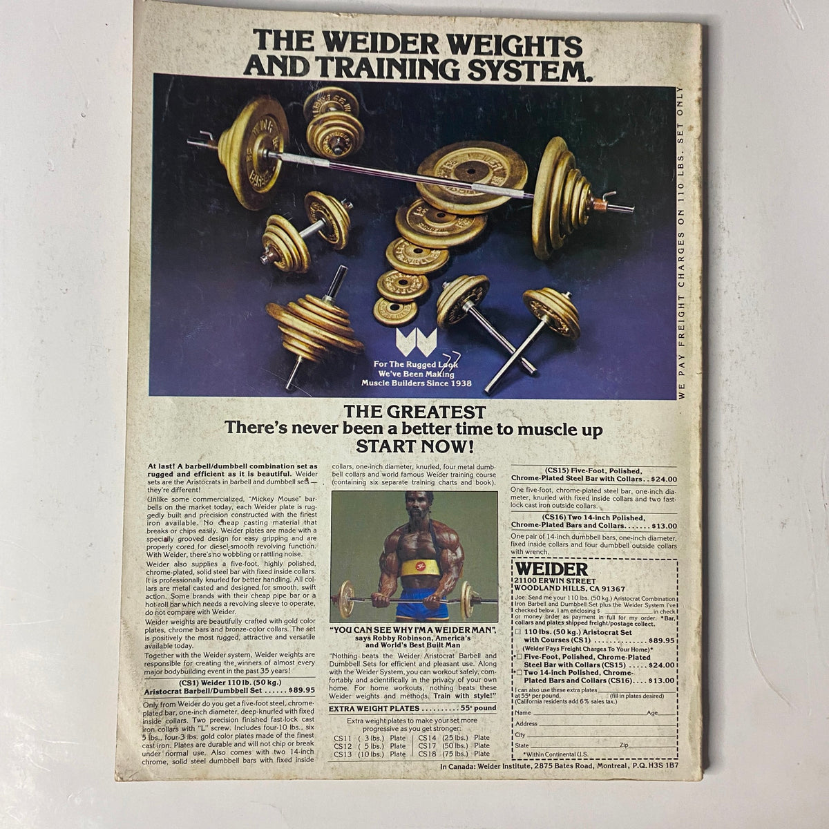 Back cover of Joe Weider's Muscle Magazine January 1980 showcasing the Weider weights and training system, featuring a barbell and weight plates along with a promotional call to action for the greatest muscle development. Ideal for collectors and bodybuilding enthusiasts.