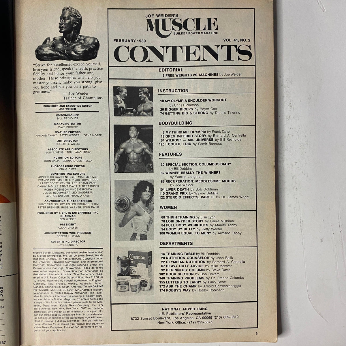Contents page of Joe Weider's Muscle Magazine February 1980, showcasing sections including Editorial, Instruction, Bodybuilding Features, and Women in Bodybuilding, detailing various contributions and articles.