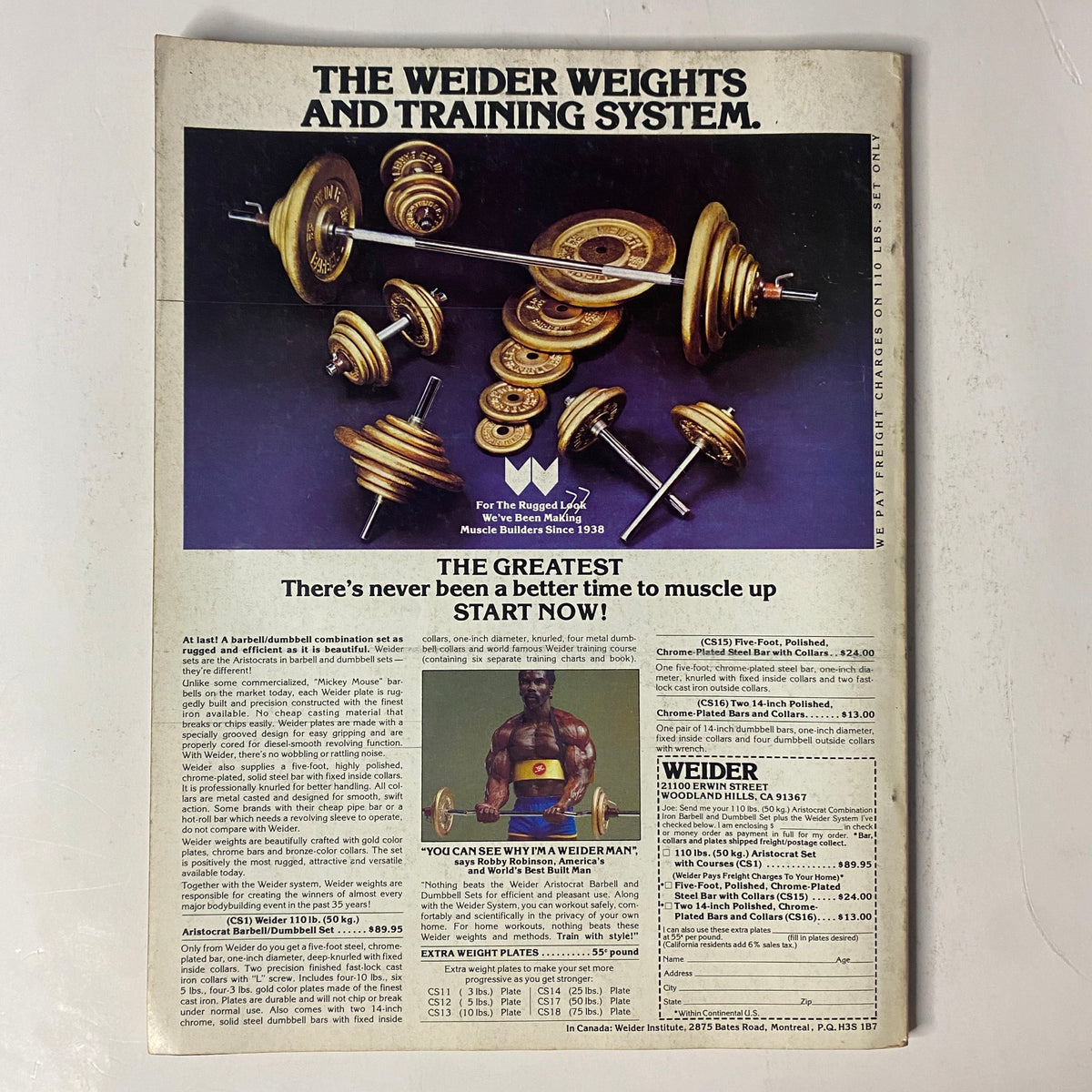 Advertisement for The Weider Weights and Training System from Joe Weider's Muscle Magazine February 1980, promoting fitness equipment with a slogan stating it's the greatest time to start muscle building.