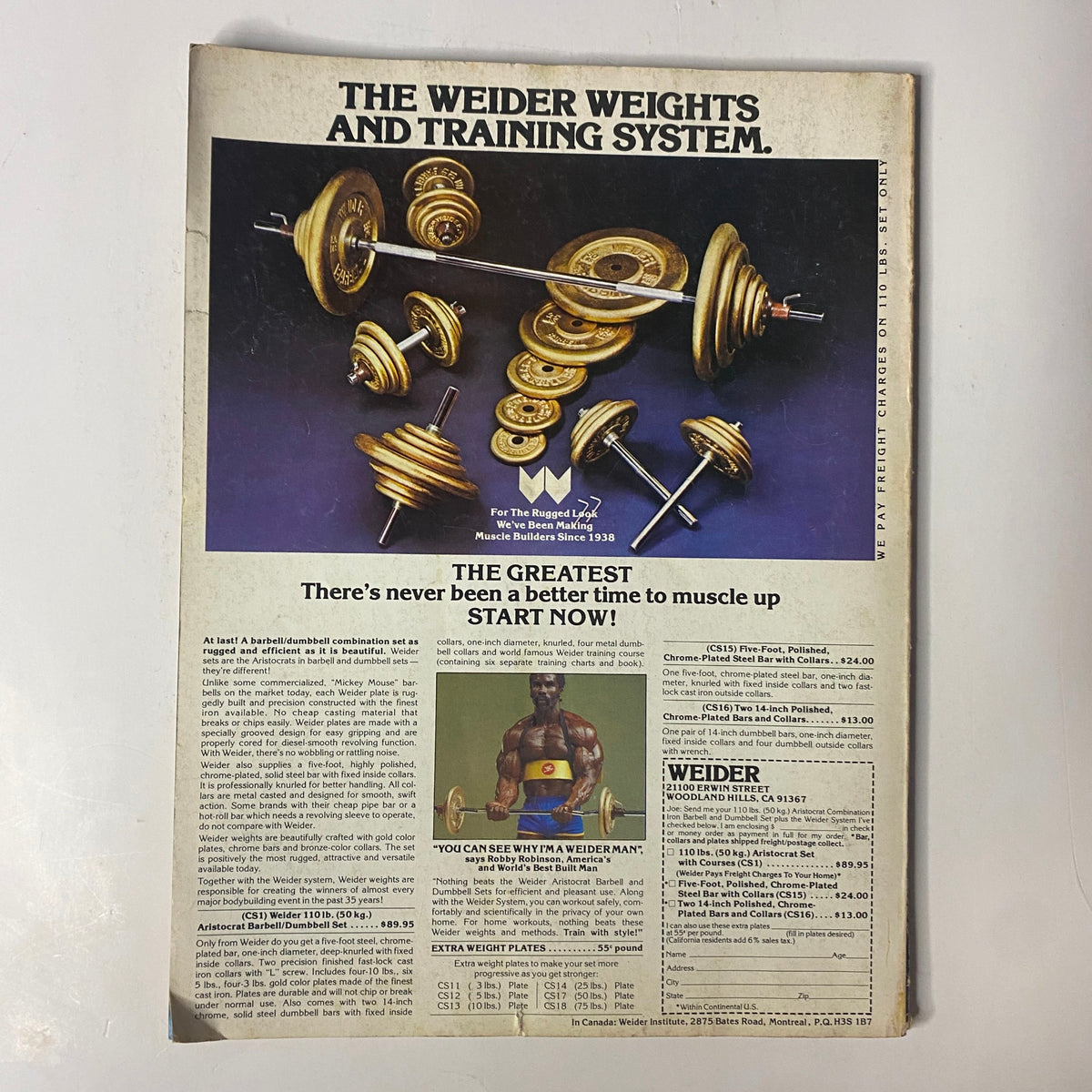 Advertisement for the Weider Weights and Training System in Joe Weider's Muscle Magazine January 1980, showcasing workout equipment and training options.
