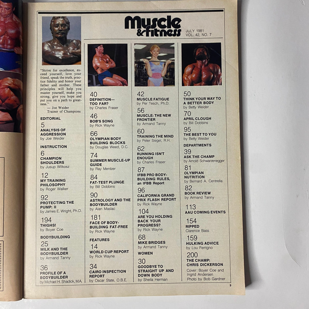 Inside page of Muscle & Fitness Magazine July 1981 displaying the contents, highlighting various bodybuilding articles and expert insights.