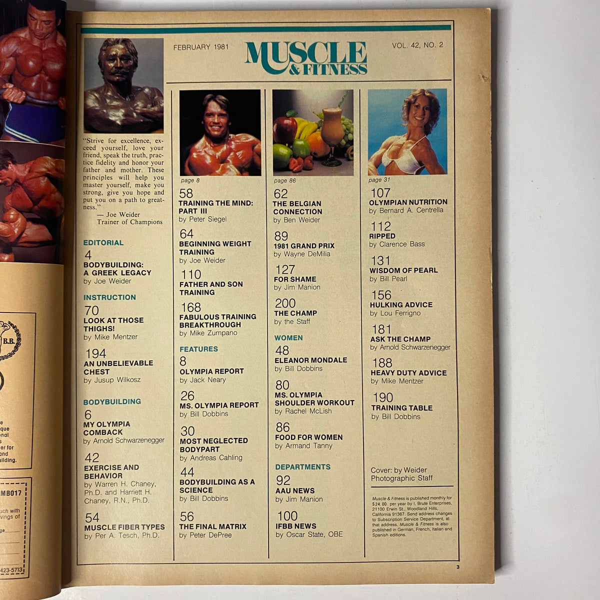 Interior page from Muscle & Fitness Magazine, February 1981, featuring a contents list including articles on bodybuilding, nutrition, and fitness, with Arnold Schwarzenegger highlighted.