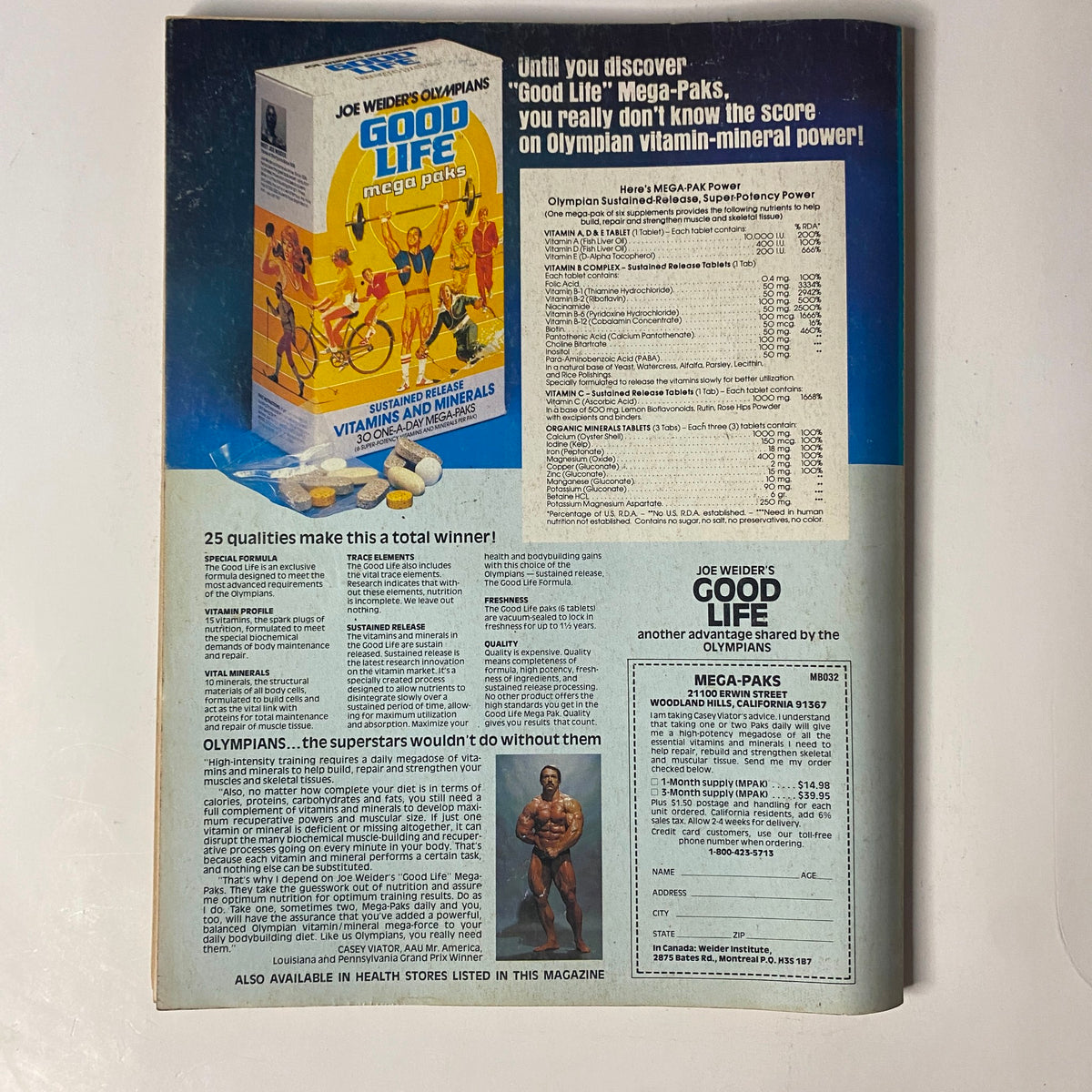 Back cover of Muscle & Fitness Magazine, February 1981, showcasing Joe Weider's Good Life Mega-Paks advertisement, emphasizing vitamins and minerals for bodybuilding.