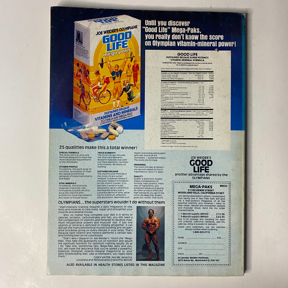 Back cover of Muscle & Fitness Magazine October 1981 promoting Joe Weider's Good Life Mega-Paks, featuring bodybuilding supplements and vitamins.