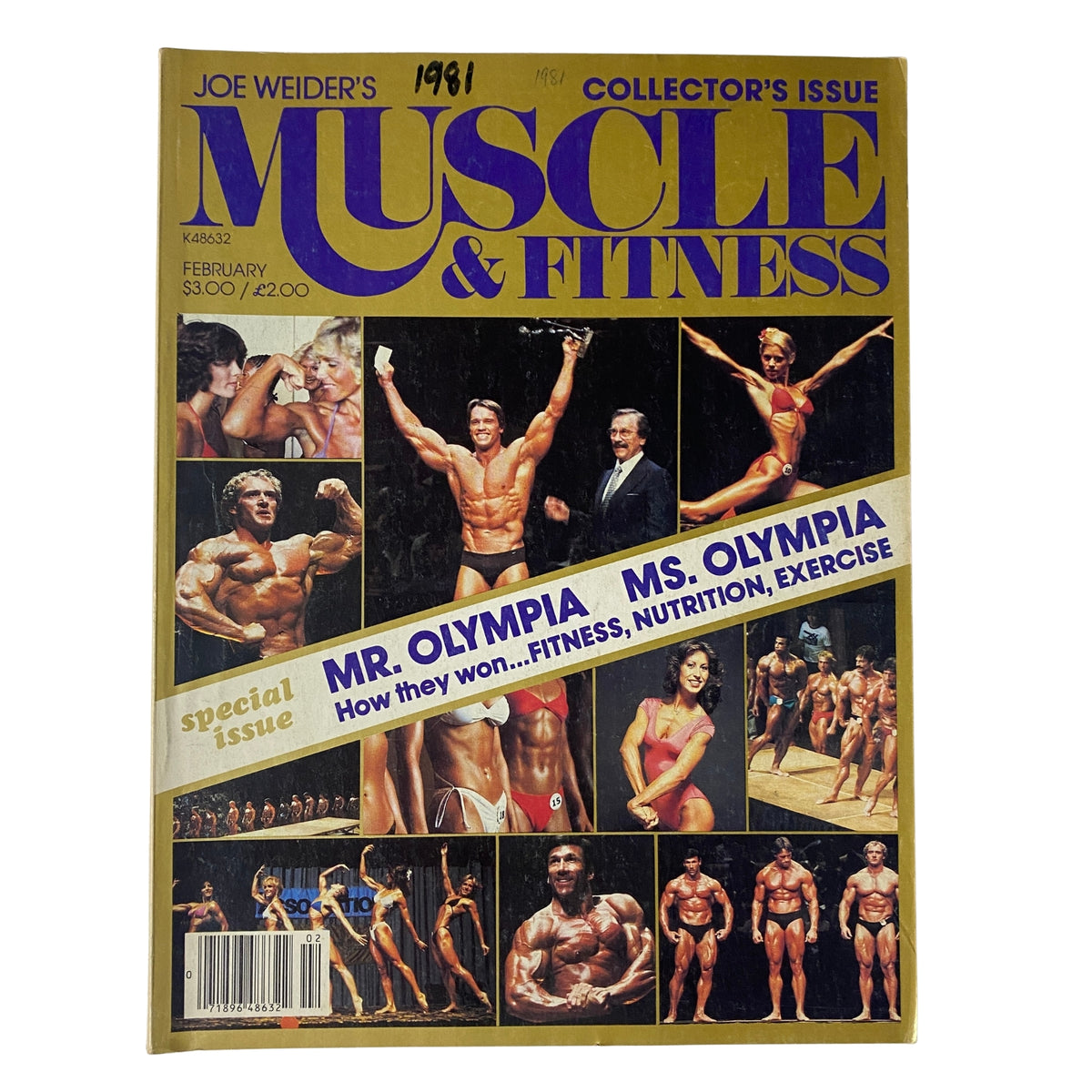 Cover of Muscle & Fitness Magazine February 1981 featuring Arnold Schwarzenegger commemorating his Mr. Olympia comeback. The magazine includes articles on fitness, bodybuilding, and nutrition.