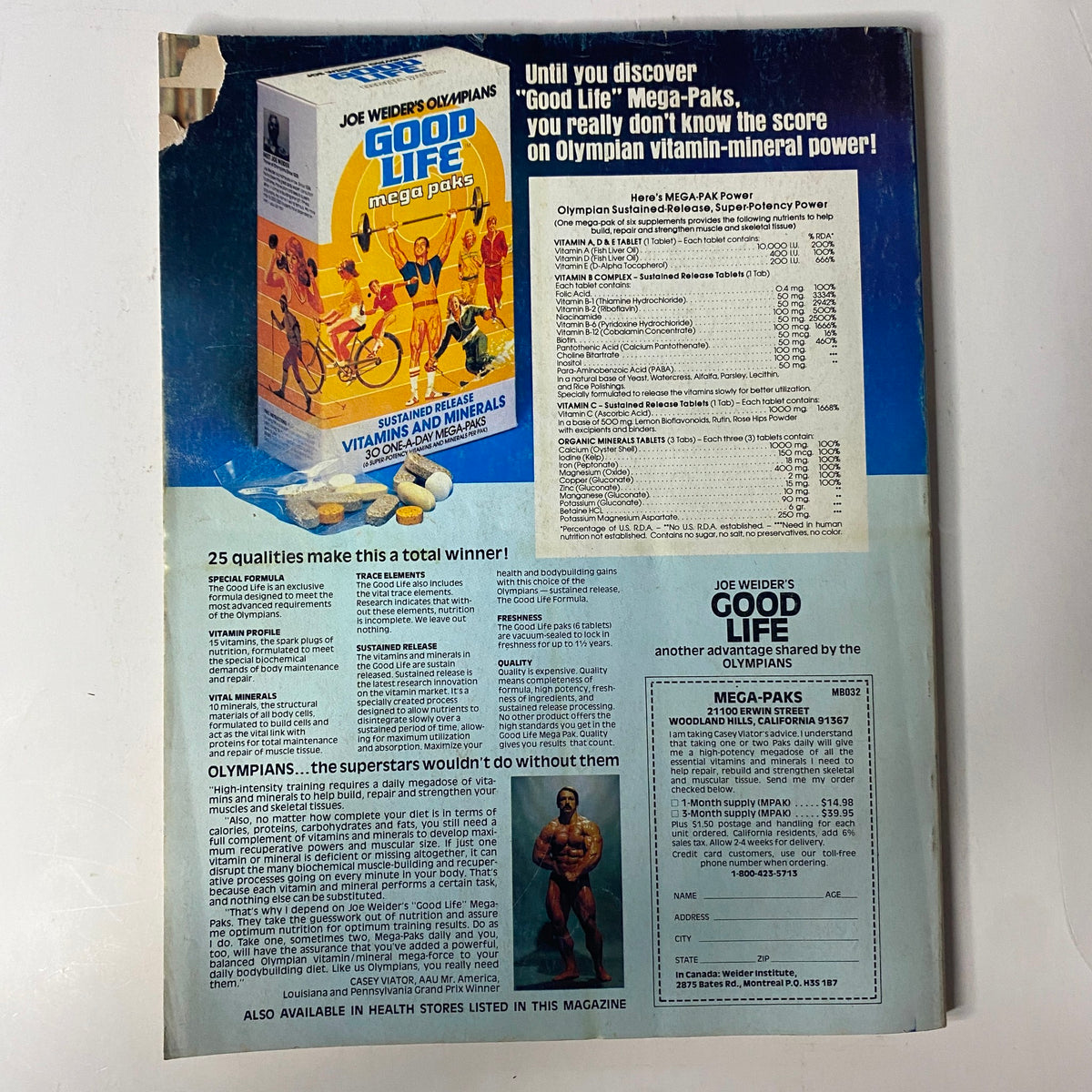 Advertisement for Joe Weider's 'Good Life' Mega-Paks in Muscle & Fitness Magazine, March-April 1981, showcasing vitamin-mineral products designed for bodybuilders.