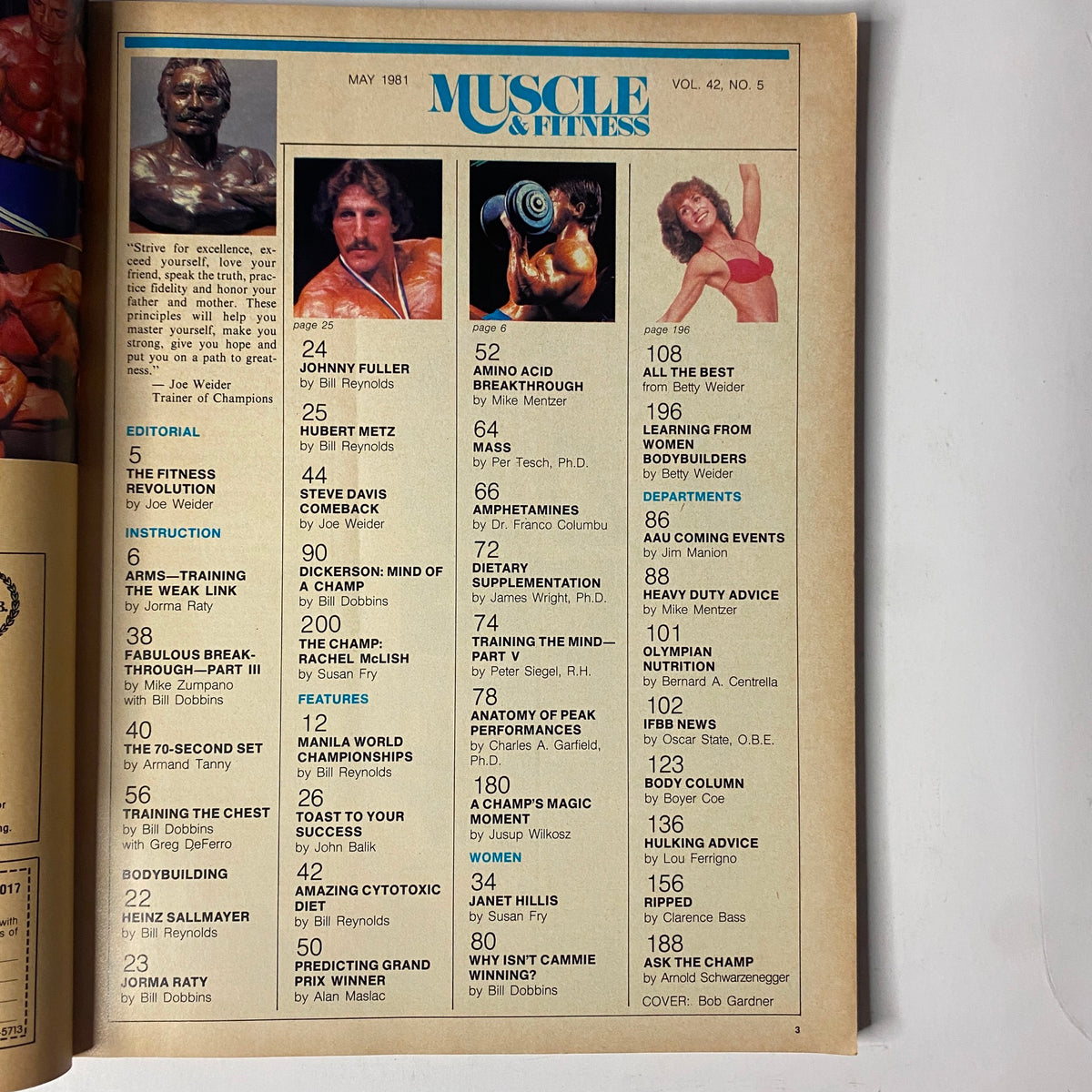 Contents page of Muscle & Fitness Magazine May 1981 listing articles and features including topics on bodybuilding, training advice, and nutrition, highlighting prominent figures in the fitness industry.