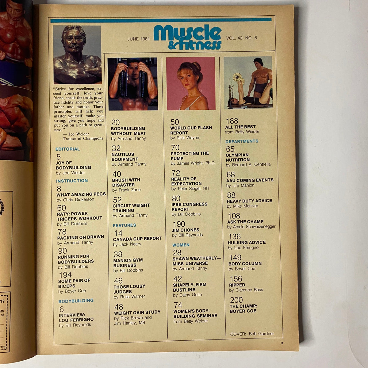 Interior page of Muscle & Fitness Magazine June 1981 displaying contents including bodybuilding training, nutrition articles, and expert features.